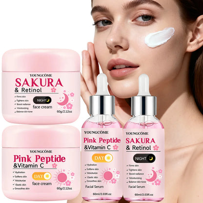 4-Piece Day & Night Skincare Set: Pink Peptide Vitamin C Day Cream + Sakura Retinol Night Cream & Essence for Hydration, Firmnes
