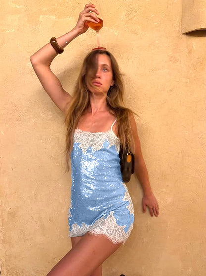 Women Floral Lace Sequin Mini Slip Dress Spaghetti Strap Sweetheart Neck Bodycon Robes 2026 Summer New Party Vacatio Dresses