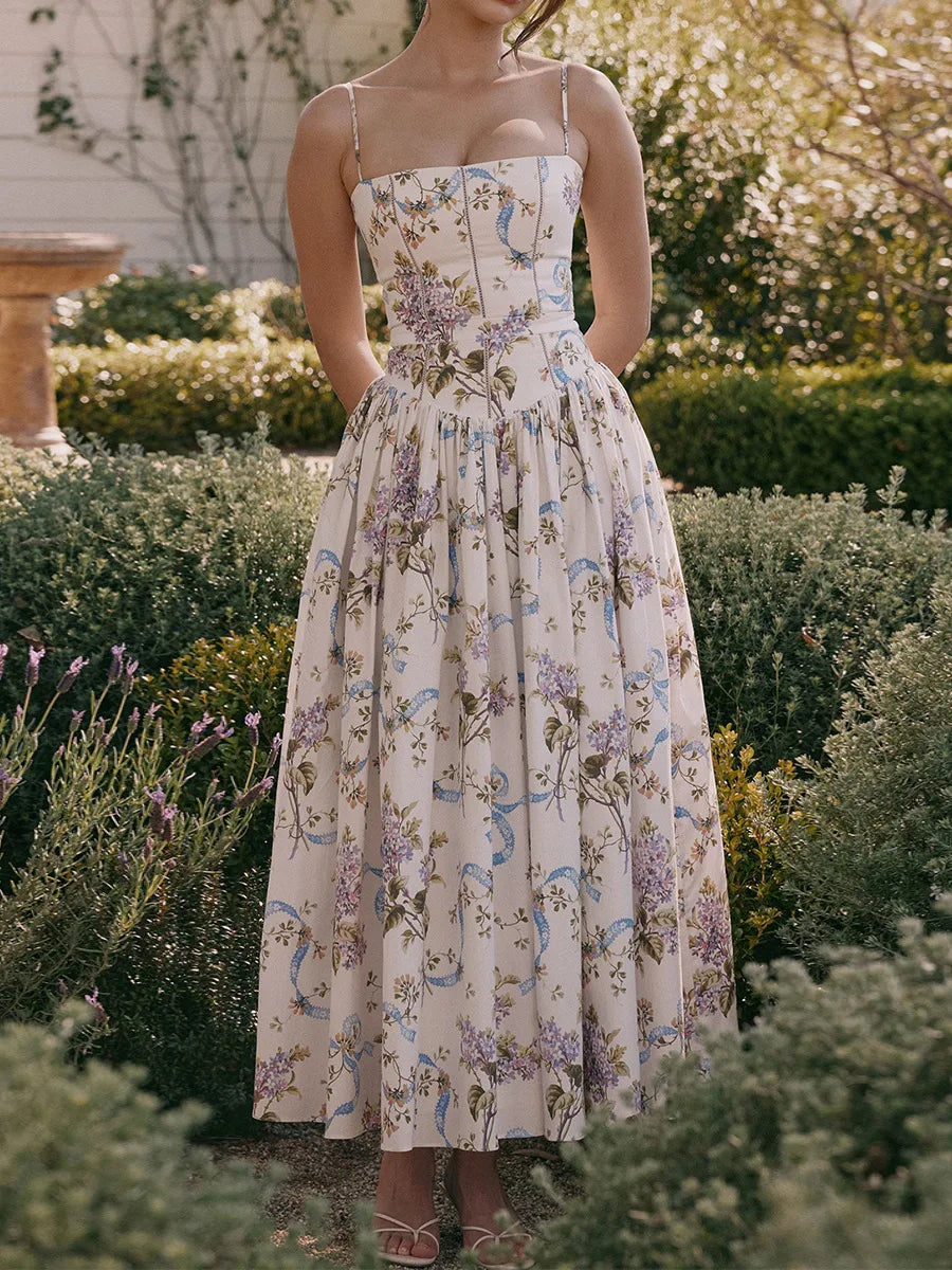 Mingmingxi Summer Floral Print Dress Elegant 2025 New Arrivals Spaghetti Strap Flare Dress Maxi Holiday Party Dresses Women
