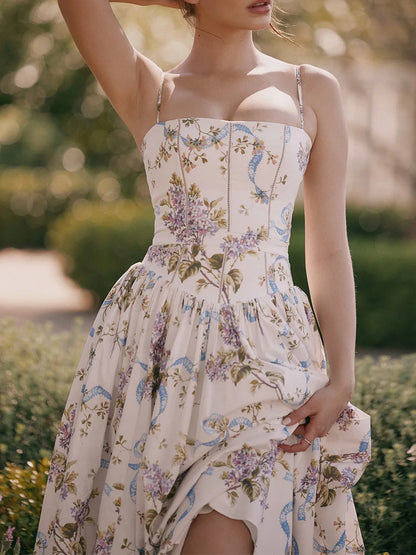 Mingmingxi Summer Floral Print Dress Elegant 2025 New Arrivals Spaghetti Strap Flare Dress Maxi Holiday Party Dresses Women