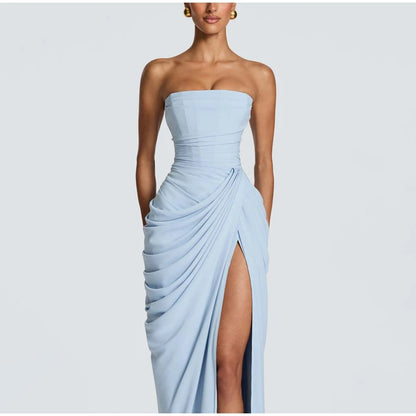 Elegant Solid Pleated Halter Women's Dress Fashion Sleeveless Backless Waist-cinching Split Maxi Dresses Summer Party Gowns 2026