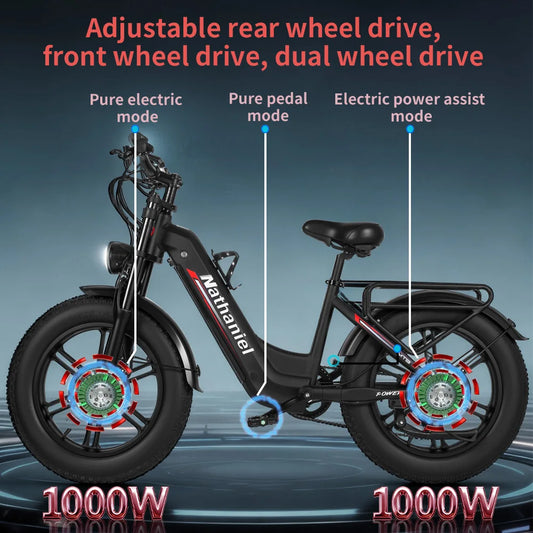 20"Electric Bike 2*1000W Motor 48V 20Ah Removable Battery 50km/h Electric Bicycle for Adults Mountain Bike with Shimano 7-Speed