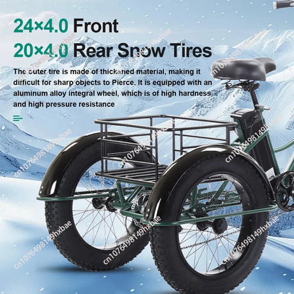 Electric Bike For Man 24-Inch 750W 48V Three Wheeled Electric Vehicle Fat Tire Pedal Powerful Electric Tricycle For Adults Elder