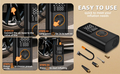 Portable Air Pump Set with Power Bank, 150PSI Tire Inflator Kit for Car SUV Motorcycle Bike, LED Light & Storage Bag for Camping