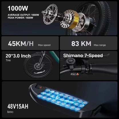 20inch foldable parent-child riding E-BIKE. 1000W brushless motor city electric bike, 48V13AH removable battery electric scooter