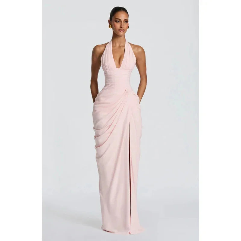 Elegant Solid Pleated Halter Women's Dress Fashion Sleeveless Backless Waist-cinching Split Maxi Dresses Summer Party Gowns 2026