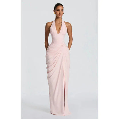 Elegant Solid Pleated Halter Women's Dress Fashion Sleeveless Backless Waist-cinching Split Maxi Dresses Summer Party Gowns 2026