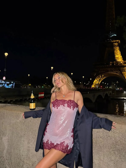 Women Floral Lace Sequin Mini Slip Dress Spaghetti Strap Sweetheart Neck Bodycon Robes 2026 Summer New Party Vacatio Dresses