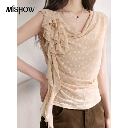 MISHOW French Floral Lace Swing Neck Shirt For Women 2026 Summer New Pleated 3D Floral Ribbon Hazy Elegant Slim Top MXF24X2617
