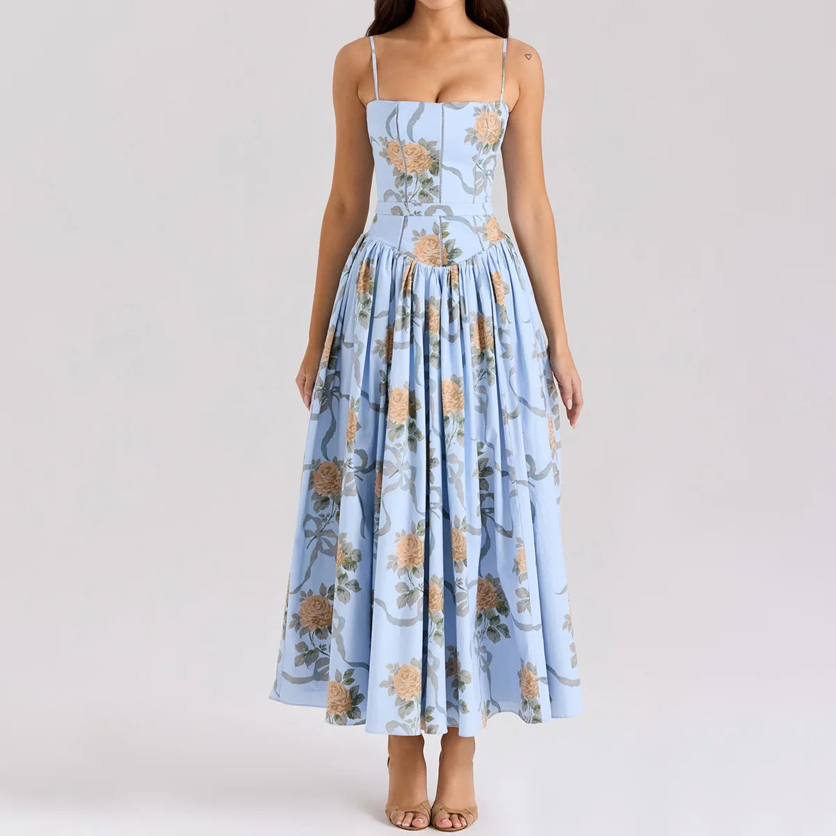 Mingmingxi Summer Floral Print Dress Elegant 2025 New Arrivals Spaghetti Strap Flare Dress Maxi Holiday Party Dresses Women