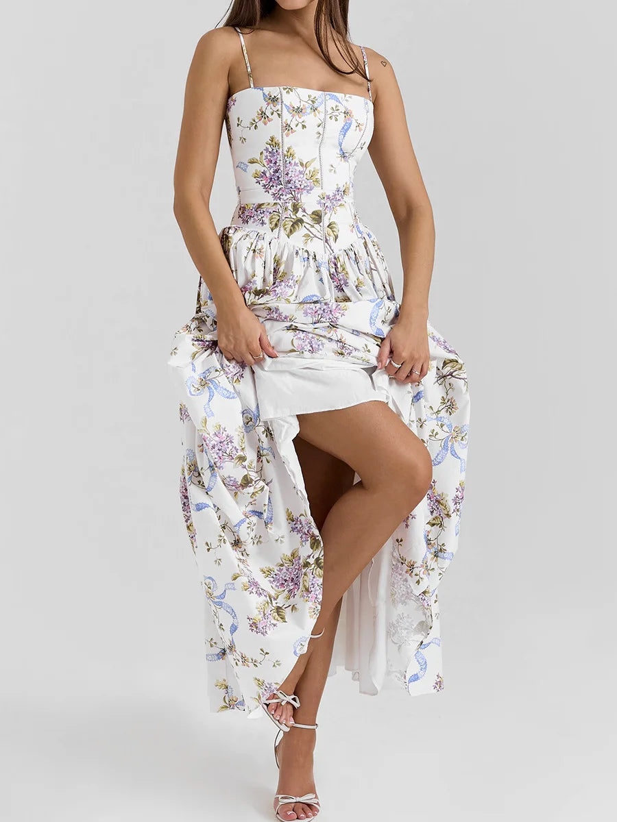Mingmingxi Summer Floral Print Dress Elegant 2025 New Arrivals Spaghetti Strap Flare Dress Maxi Holiday Party Dresses Women