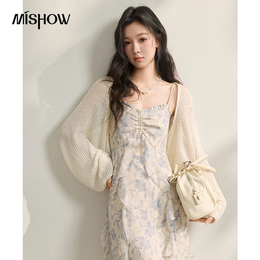 MISHOW Elegant Loose Batwing Sleeve Hollow Out Knit Cardigan for Women 2026 Summer Open Front Long Sleeve Sweater MXF16Z3080