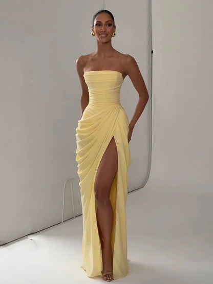 Elegant Solid Pleated Halter Women's Dress Fashion Sleeveless Backless Waist-cinching Split Maxi Dresses Summer Party Gowns 2026