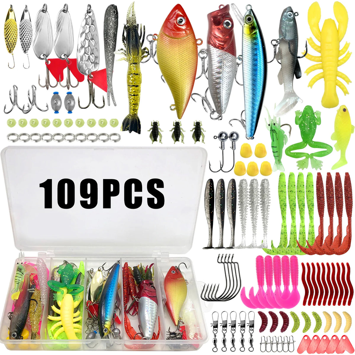 Fishing Lures Kit 60/109/141/219pcs Bait Set With Soft Lure Metal Spoons Hard Minnow Crankbait And Accessories With Tackle Box