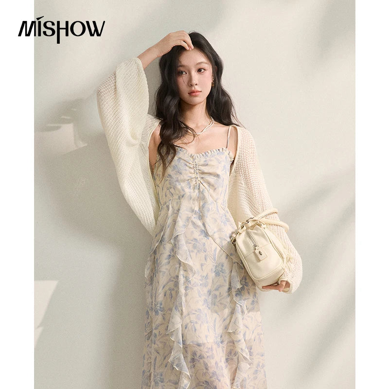 MISHOW Elegant Loose Batwing Sleeve Hollow Out Knit Cardigan for Women 2026 Summer Open Front Long Sleeve Sweater MXF16Z3080