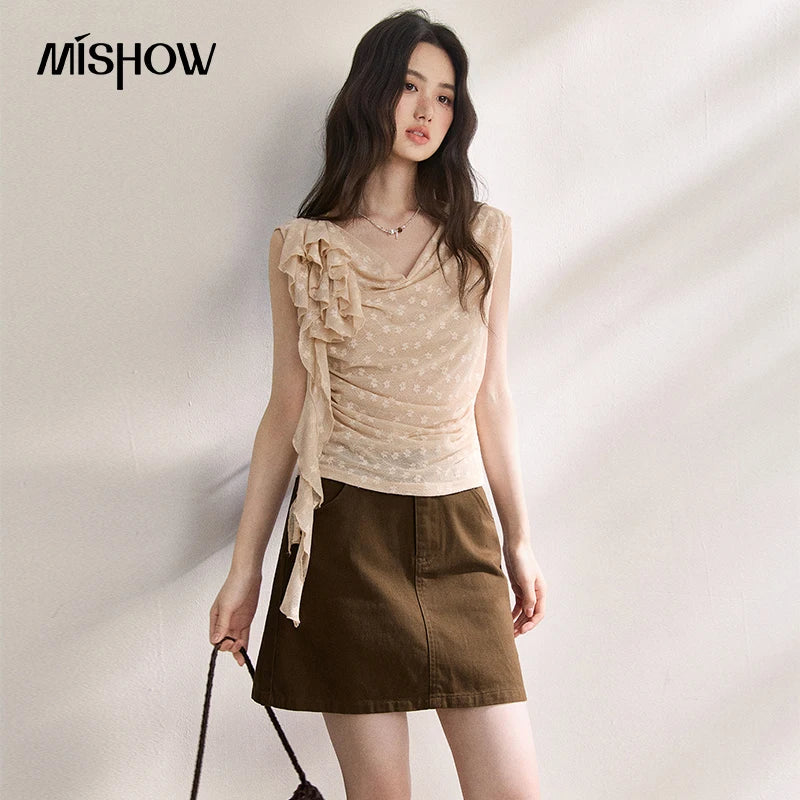 MISHOW French Floral Lace Swing Neck Shirt For Women 2026 Summer New Pleated 3D Floral Ribbon Hazy Elegant Slim Top MXF24X2617