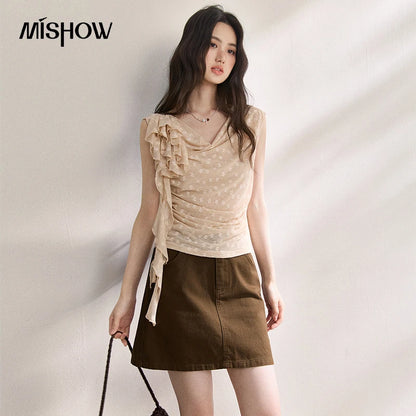 MISHOW French Floral Lace Swing Neck Shirt For Women 2026 Summer New Pleated 3D Floral Ribbon Hazy Elegant Slim Top MXF24X2617