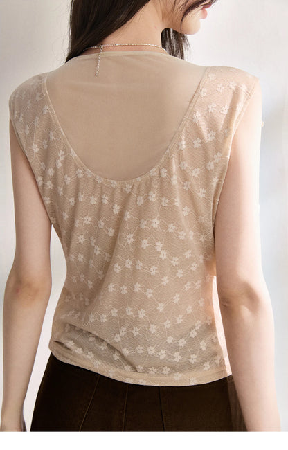 MISHOW French Floral Lace Swing Neck Shirt For Women 2026 Summer New Pleated 3D Floral Ribbon Hazy Elegant Slim Top MXF24X2617