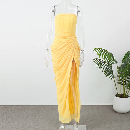 Elegant Solid Pleated Halter Women's Dress Fashion Sleeveless Backless Waist-cinching Split Maxi Dresses Summer Party Gowns 2026