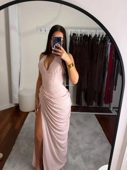 Elegant Solid Pleated Halter Women's Dress Fashion Sleeveless Backless Waist-cinching Split Maxi Dresses Summer Party Gowns 2026
