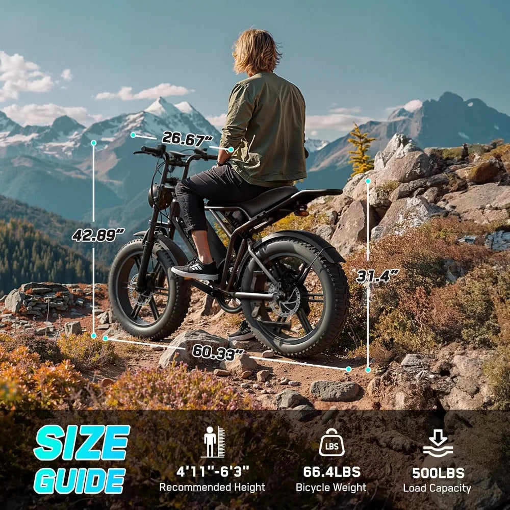 1500W Peak Motor Electric Bike for Adults 60 Miles Range 48V 15Ah Removable Battery 20 Inch Fat Tire