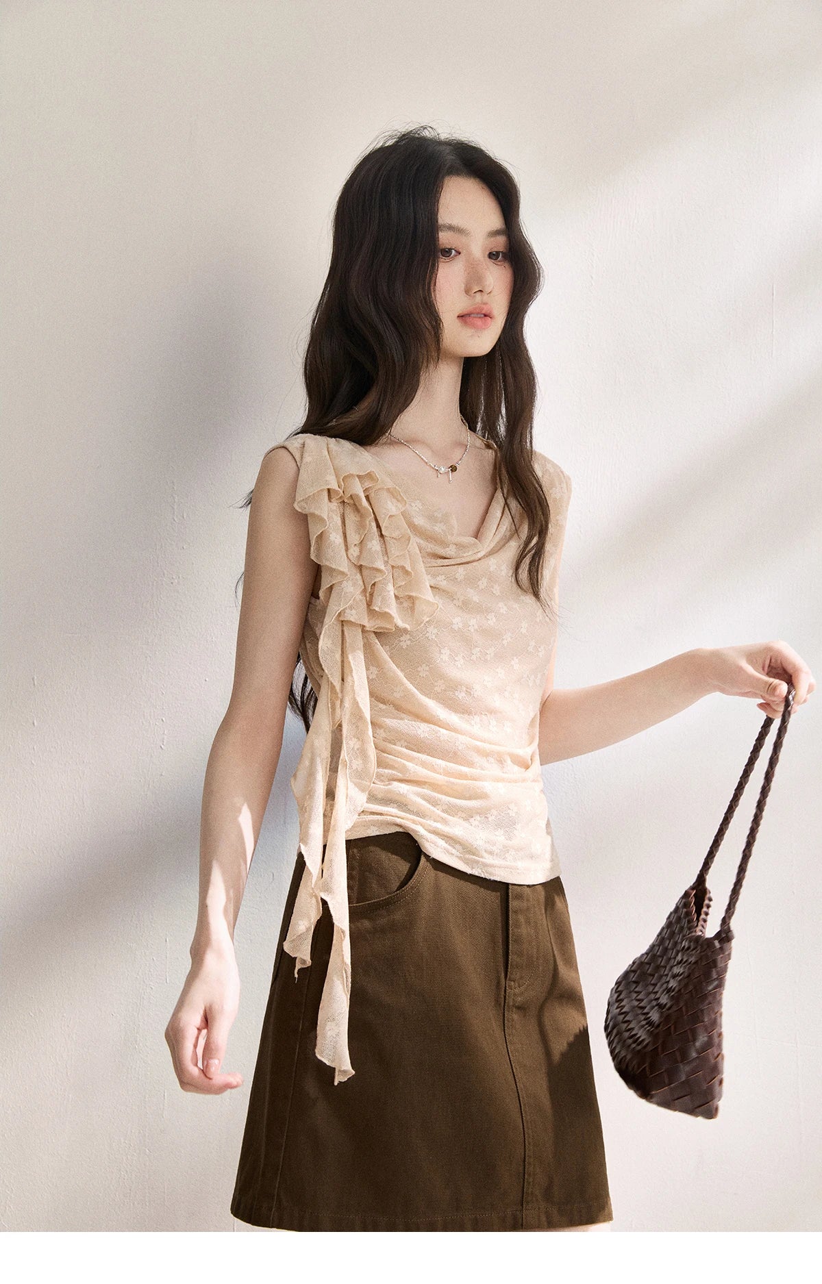 MISHOW French Floral Lace Swing Neck Shirt For Women 2026 Summer New Pleated 3D Floral Ribbon Hazy Elegant Slim Top MXF24X2617