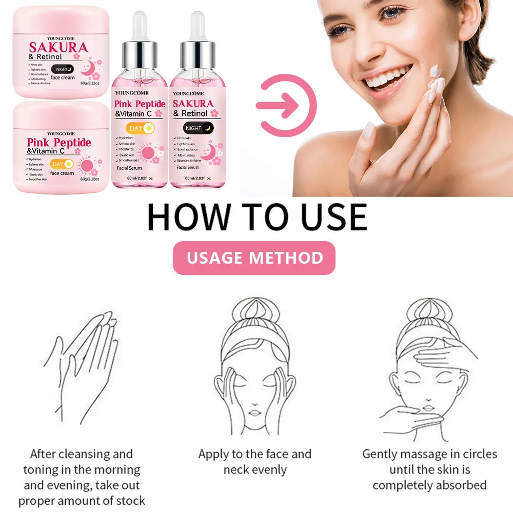 4-Piece Day & Night Skincare Set: Pink Peptide Vitamin C Day Cream + Sakura Retinol Night Cream & Essence for Hydration, Firmnes