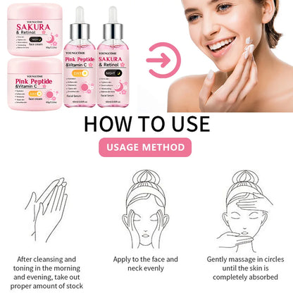 4-Piece Day & Night Skincare Set: Pink Peptide Vitamin C Day Cream + Sakura Retinol Night Cream & Essence for Hydration, Firmnes