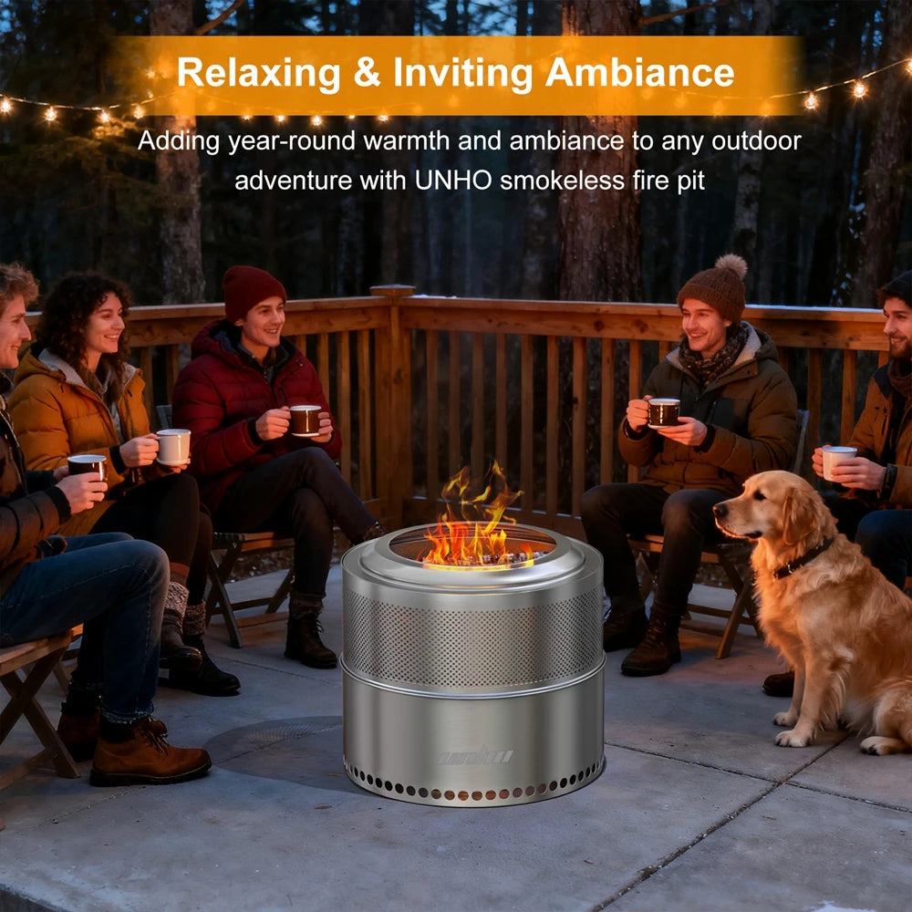 UNHO 19-inch Smokeless Fire Pit, Used for Outdoor Wood Burning, Portable 304 Stainless Steel Camping Stove, Perforated Fireplace, Suitable for Outdoor Heating, Hunting, Barbecue and Ice Fishing.