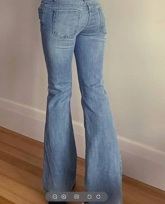 Pantalones vaqueros de mezclilla elásticos azul de pierna ancha con bolsillos