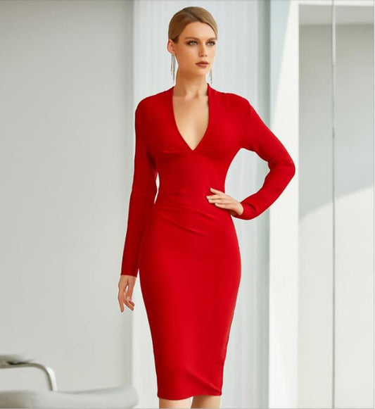 Solid Color High Waist Midi Dress in Red