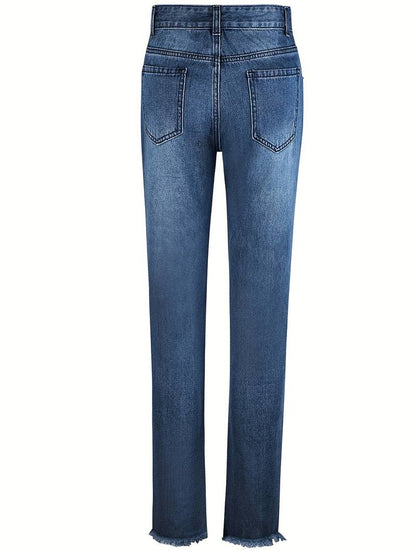 Blue Raw Hem Distressed Straight Jeans for Women