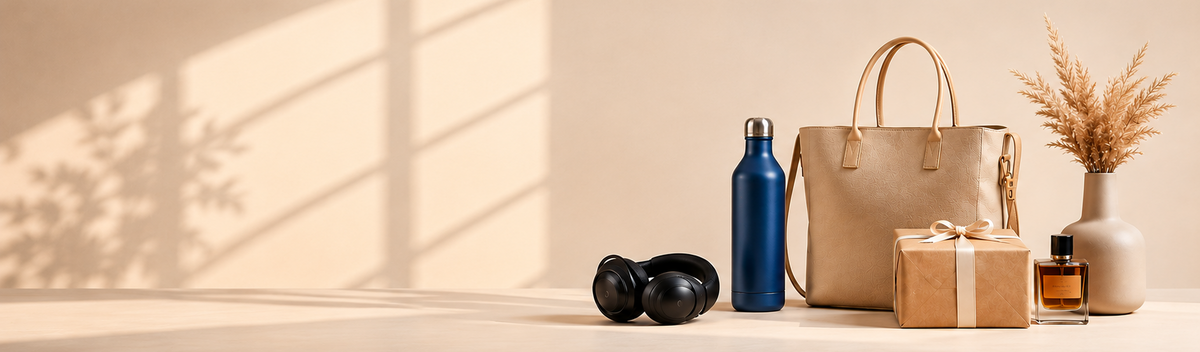 A styled flat-lay scene on a beige surface with warm sunlight and shadows. The products include a tan tote bag, a blue water bottle, black over-ear headphones, a wrapped gift box, a small amber bottle, and a vase with dried grass.