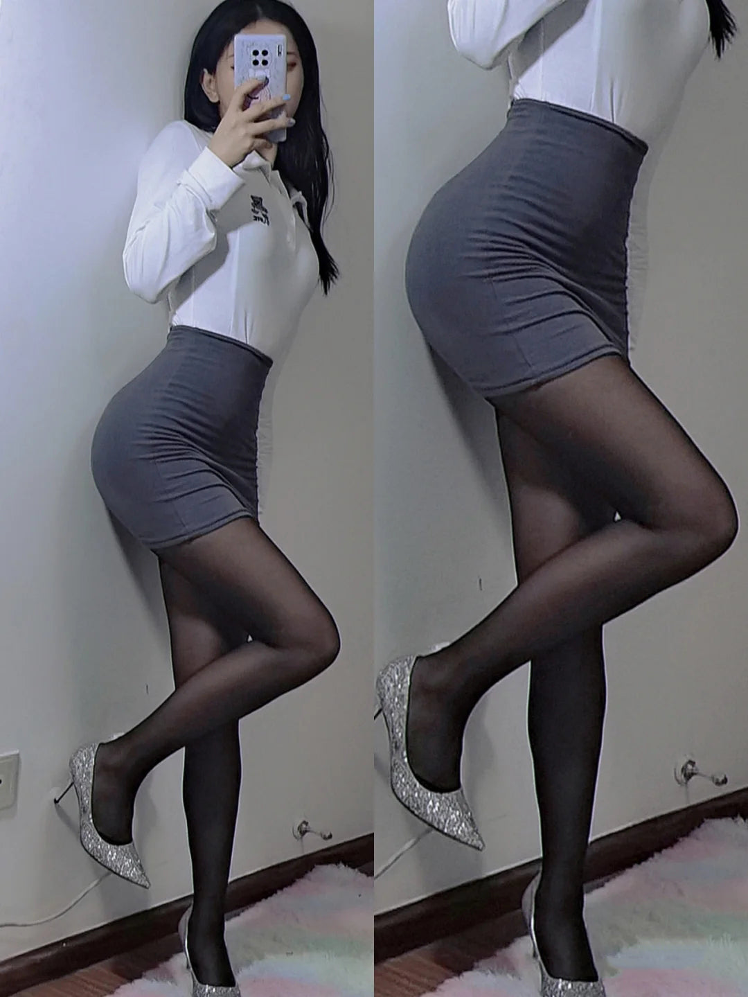 Gray Plus Size Slim Black Silk Short Skirt Set
