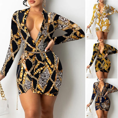 V-neck Long-sleeved Midi Dress with Print Design