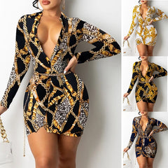 V-neck Long-sleeved Midi Dress with Print Design