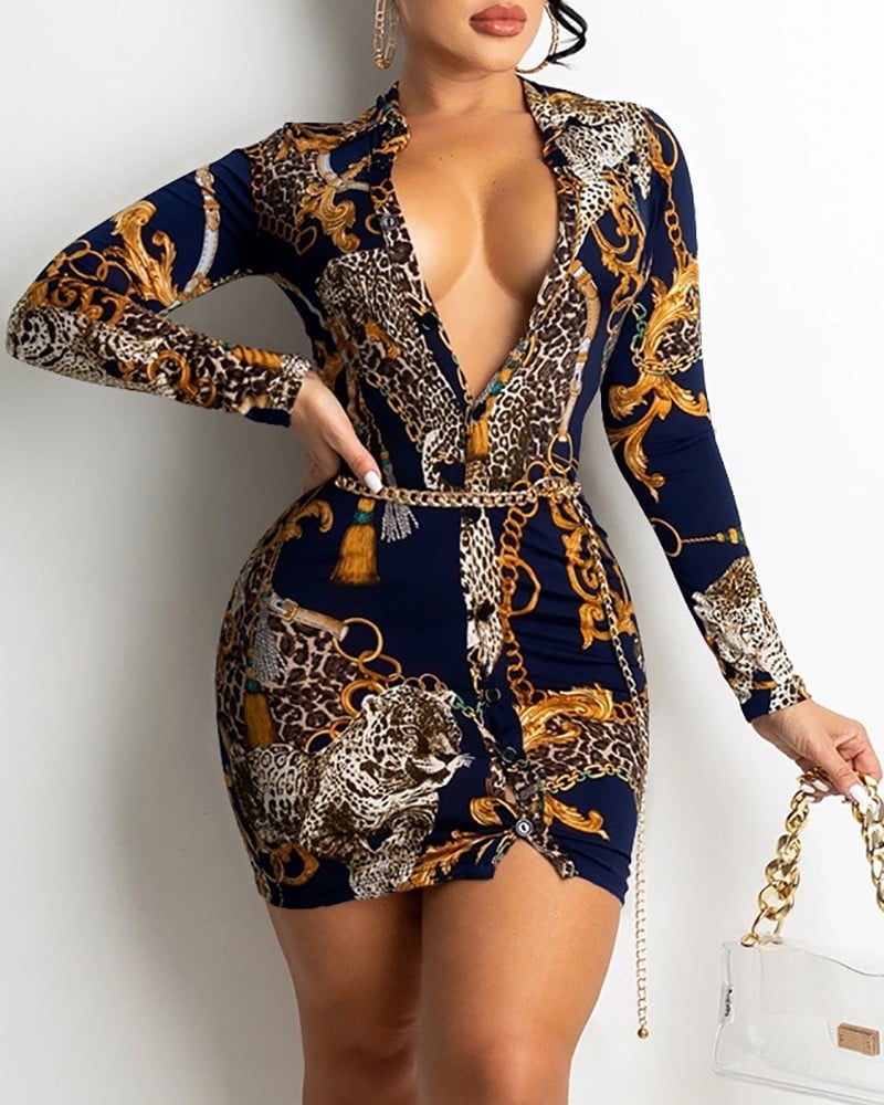 V-neck Long-sleeved Midi Dress with Print Design