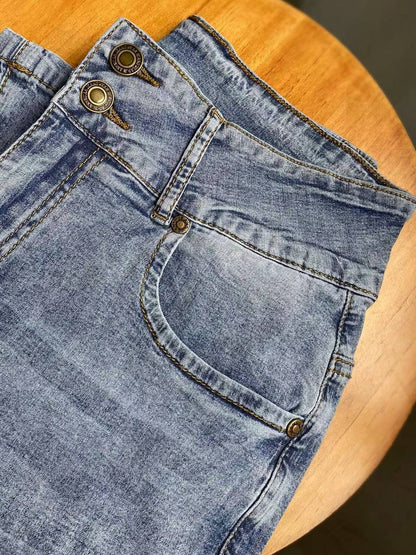 Pantalones vaqueros de mezclilla elásticos azul de pierna ancha con bolsillos
