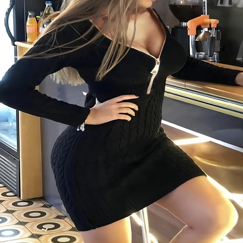Autumn Winter Half-Zip V-Neck Knitted Sweater Dress