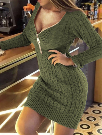 Autumn Winter Half-Zip V-Neck Knitted Sweater Dress