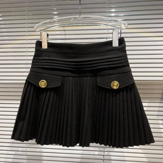 High-waisted Slim Rhinestone Buckle Pleated Skirt