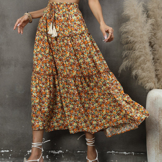 Falda Bohemio de Algodón con Estampado Floral hasta la Rodilla para Vacaciones en la Playa