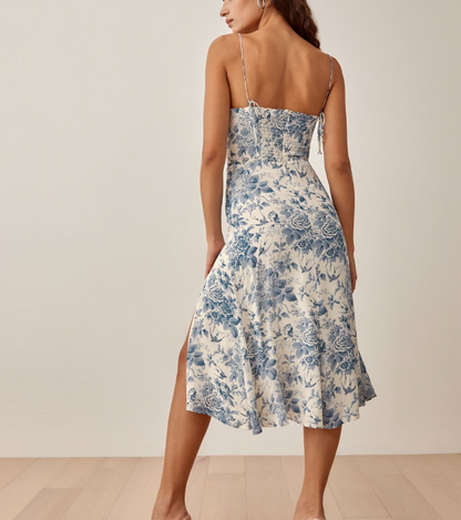 Silk Printed Drawstring Slit Dress for Women